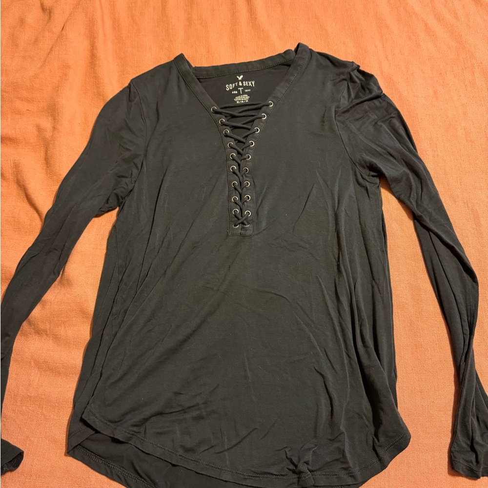 American Eagle Outfitters Black Lace-Up Long Sleeve Tee